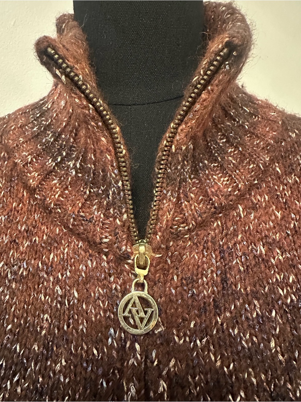Adrienne Vittadini Studio M Brown Metallic Wool Blend Zip Cardigan Sweater - Picture 7 of 12